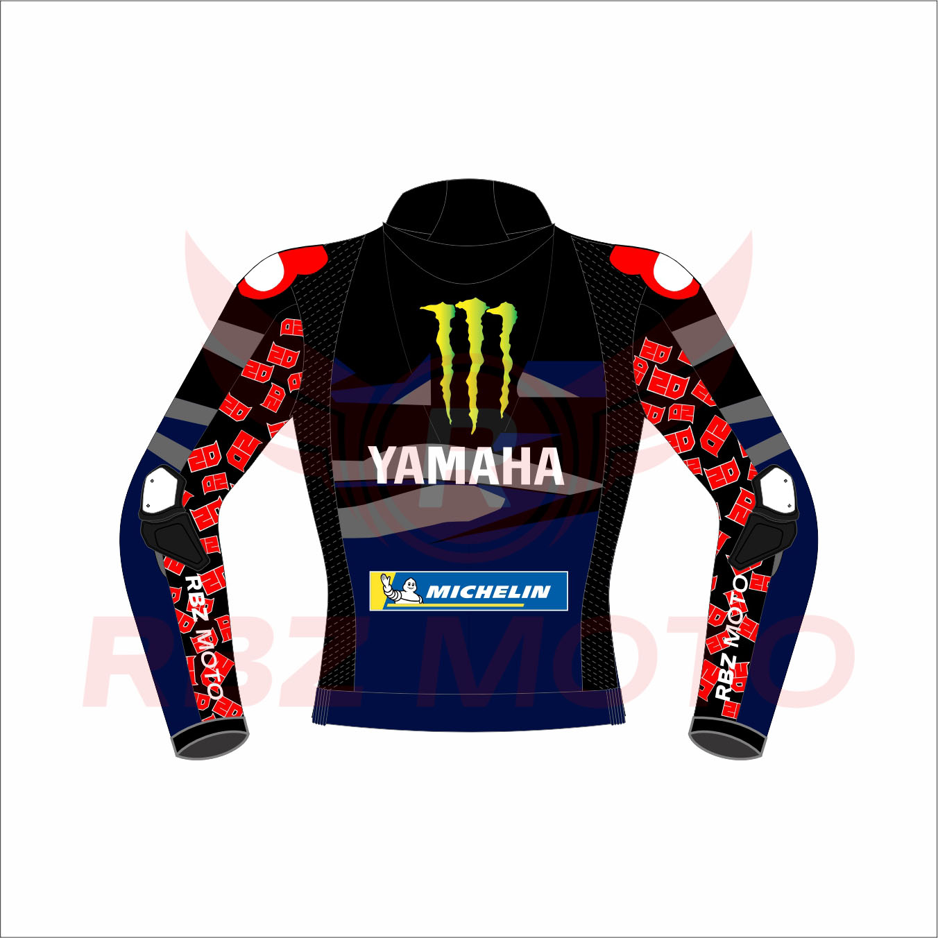 Fabio Quartararo Monster Energy 2024 Race Jacket Back Fabio Quartararo Monster Energy 2024 race jacket in blue-black leather with Yamaha logos, sleek MotoGP design, and signature rider detailing.