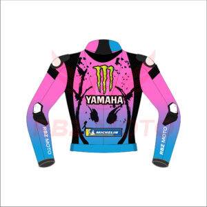 Fabio Quartararo Yamaha FrenchGP 2024 motorcycle leather racing jacket in blue-black with team logos, sleek MotoGP design, and rider detailing.