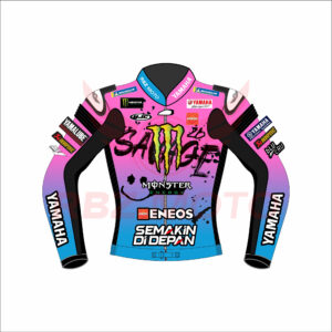 Fabio Quartararo Yamaha FrenchGP 2024 motorcycle leather racing jacket in blue-black with team logos, sleek MotoGP design, and rider detailing.