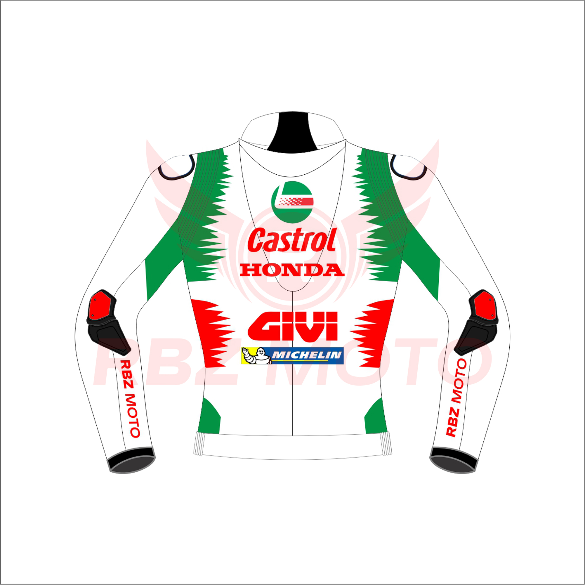 Johann Zarco Castrol Honda MotoGP 2024 Race Jacket Back Johann Zarco Castrol Honda MotoGP 2024 race jacket in black-green design with Honda and Castrol logos, premium leather, and racing details.