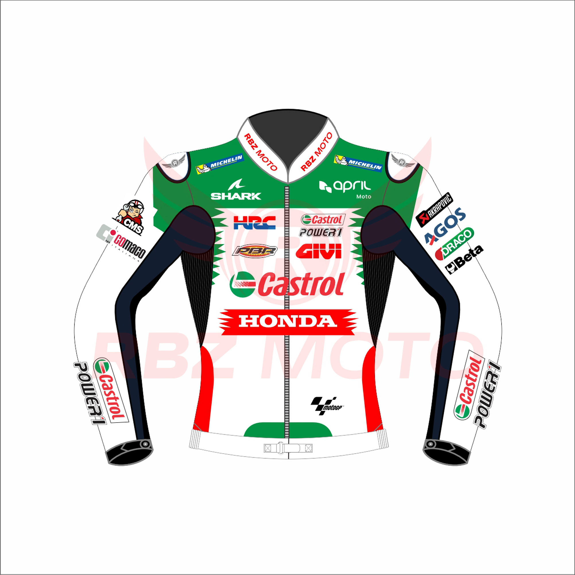 Johann Zarco Castrol Honda MotoGP 2024 Race Jacket Front Johann Zarco Castrol Honda MotoGP 2024 race jacket in black-green design with Honda and Castrol logos, premium leather, and racing details.