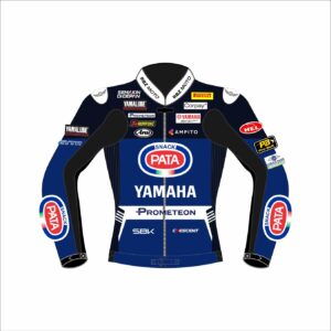 Jonathan Rea Pata Yamaha WSBK 2024 MotoGP race jacket featuring premium leather, pro-level design, and detailed Yamaha graphics for racing fans and riders.