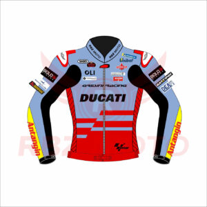 Marc Marquez 2024 Ducati Gresini MotoGP racing jacket showcasing official team colors, premium design, and authentic motorcycle racing style.