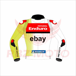 Marco Bezzecchi 2024 Pertamina Enduro VR46 race jacket with bold VR46 branding, vibrant team colors, and premium MotoGP racing leather design.