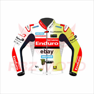 Marco Bezzecchi 2024 Pertamina Enduro VR46 race jacket with bold VR46 branding, vibrant team colors, and premium MotoGP racing leather design.