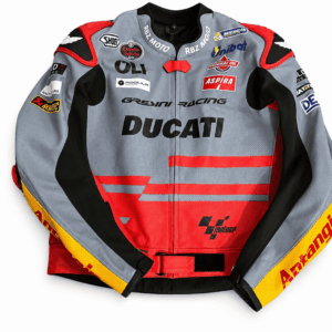 Ducati Gresini Racing MotoGP leather jacket front view in grey and red colorway