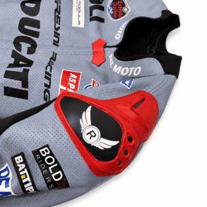 Ducati Gresini Racing MotoGP leather jacket close-up showing red CE shoulder armor and perforated leather panel