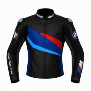 RBZ Moto BMW M Sport motorcycle leather jacket in black with blue, light blue, and red diagonal stripe panel design, BMW roundel patches on sleeves, and CE armor shoulder protectors