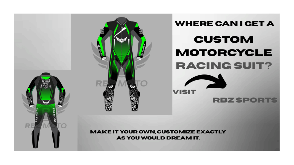 Custom motorcycle racing suit by RBZ Sports – premium leather, CE-approved armor, tailored fit, and personalized biker gear for racing and street riding.
