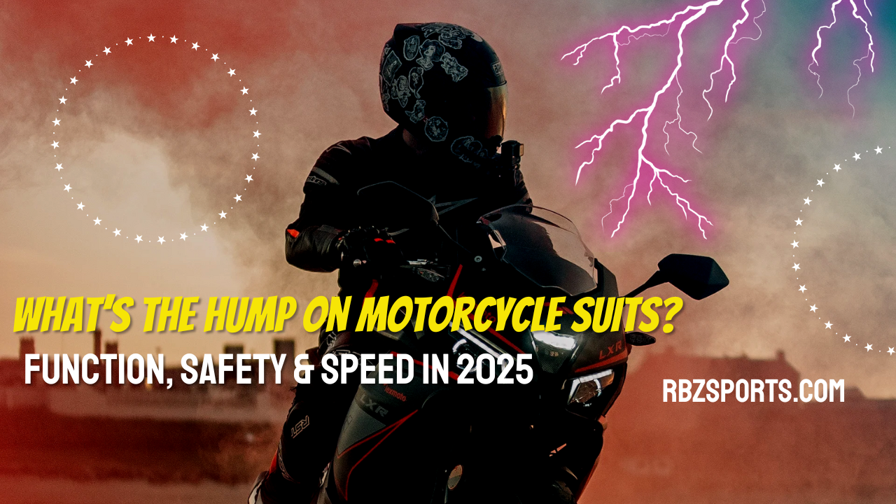 Professional rider wearing a motorcycle suit with aerodynamic hump for speed, airflow control, crash protection, and racing performance.