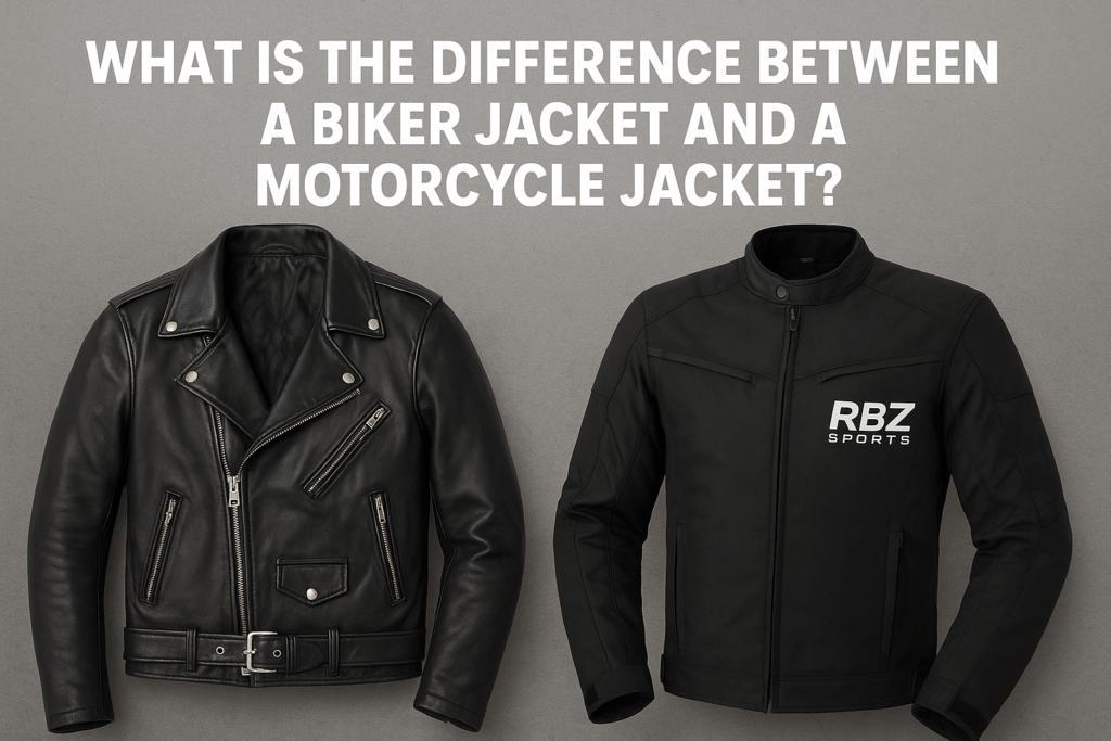 Comparison of biker jacket vs motorcycle jacket highlighting style, safety, protection, and custom motorcycle jackets from RBZ Sports.