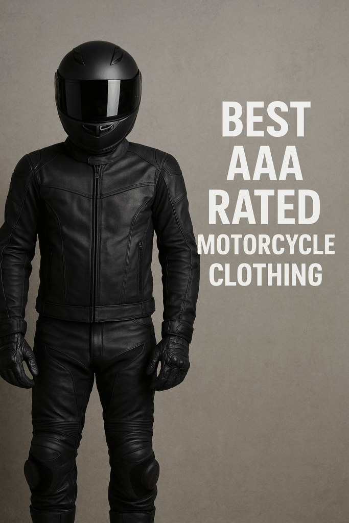 Rider wearing the best AAA rated motorcycle clothing including protective jacket, pants, gloves, and boots designed for maximum safety and comfort.