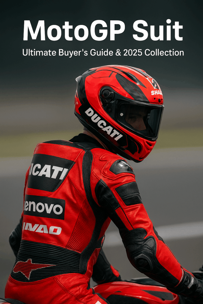 Premium 2025 MotoGP racing suit in leather with CE armor, airbag compatibility, and ergonomic fit for ultimate track performance.