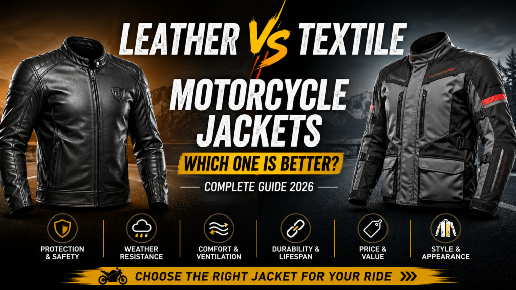 Leather vs textile motorcycle jackets comparison thumbnail showing two riding jackets side by side highlighting protection, comfort, and style differences.