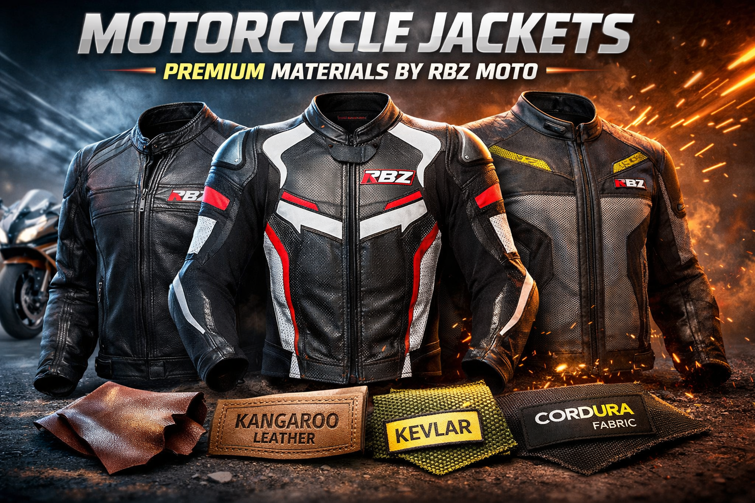 3D banner showcasing RBZ Moto premium motorcycle jackets made from cowhide, kangaroo leather, Kevlar, and Cordura for ultimate safety.