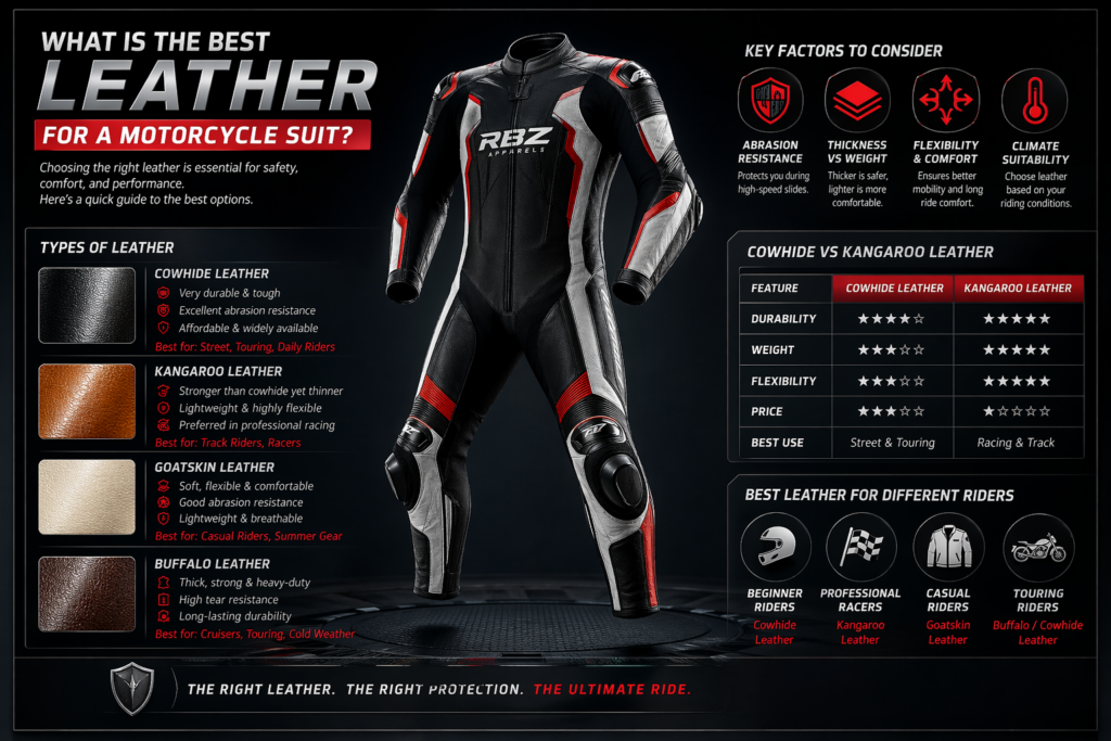 High quality 3D infographic of motorcycle racing suit leather guide comparing cowhide, kangaroo, goatskin and buffalo for rider safety gear