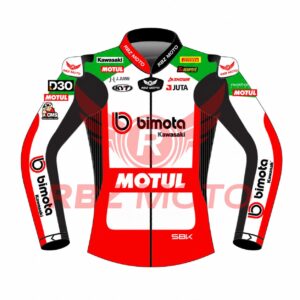 Axel Bassani Kawasaki WSBK motorcycle racing jacket 2026 front view in green and black cowhide