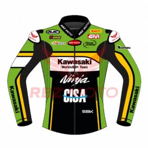RBZ Moto Kawasaki WorldSBK Team Ninja CISA replica motorcycle leather jacket in green, black, and yellow with sponsor logos including HJC, Akrapovic, Pirelli, Givi, and Soprema