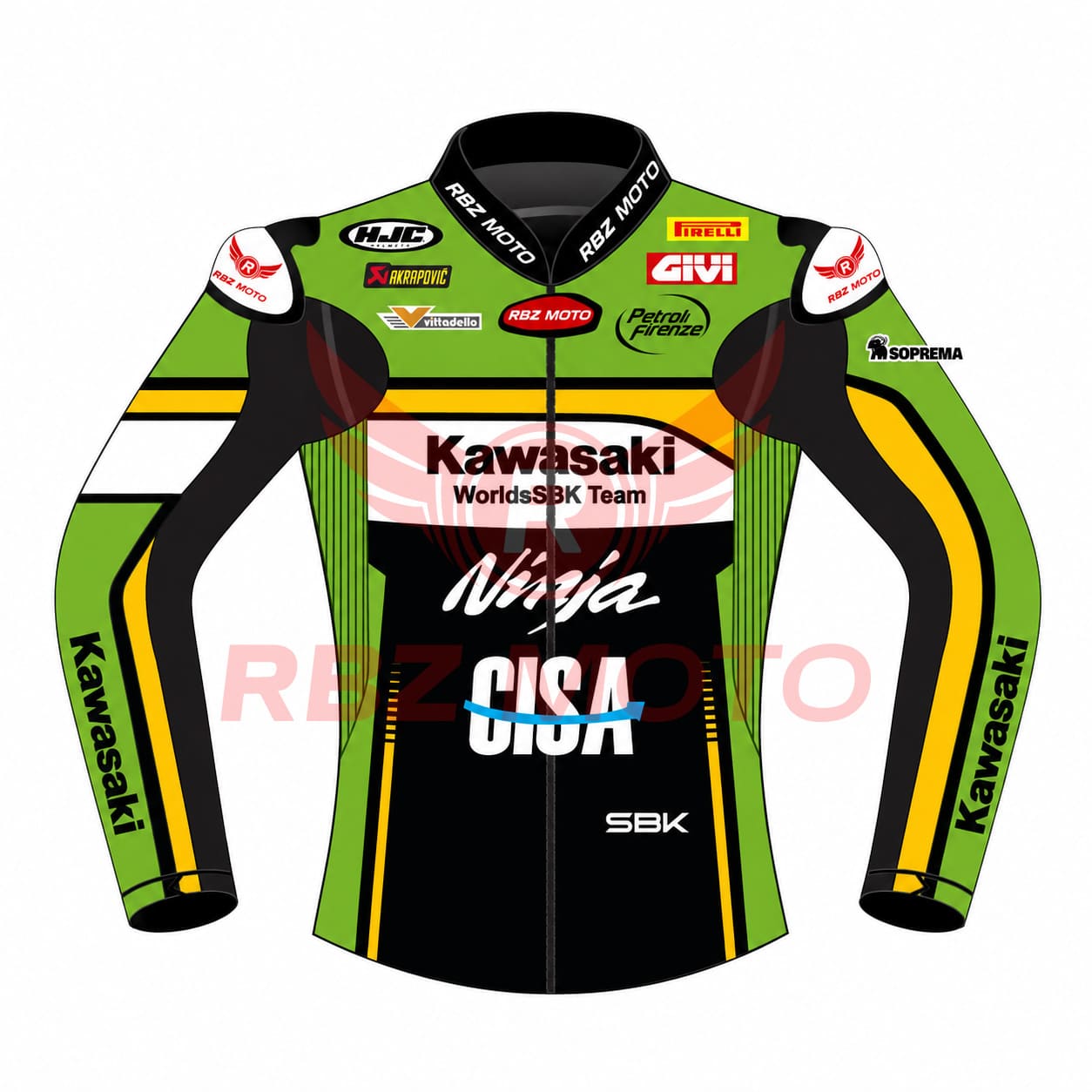 kawasaki-worldsbk-team-ninja-cisa-sbk-racing-leather-jacket-green-black RBZ Moto Kawasaki WorldSBK Team Ninja CISA replica motorcycle leather jacket in green, black, and yellow with sponsor logos including HJC, Akrapovic, Pirelli, Givi, and Soprema