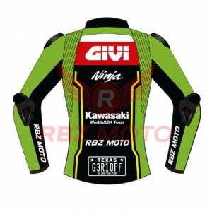 Back view of RBZ Moto Kawasaki WorldSBK Team Ninja racing leather jacket in green and black with Givi sponsor panel, yellow accent stripes, and Garrett Gerloff Texas G3R10FF license plate graphic