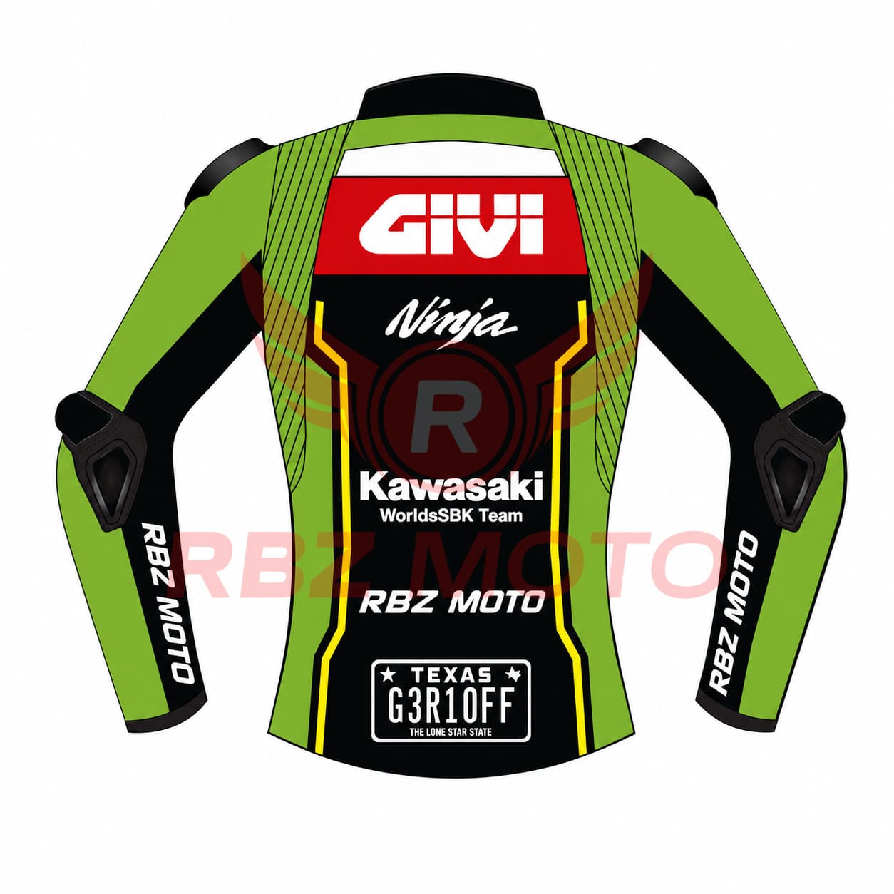 kawasaki-worldsbk-team-ninja-givi-sbk-racing-leather-jacket-back-green-black Back view of RBZ Moto Kawasaki WorldSBK Team Ninja racing leather jacket in green and black with Givi sponsor panel, yellow accent stripes, and Garrett Gerloff Texas G3R10FF license plate graphic