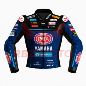 Xavi Vierge Yamaha WSBK leather motorcycle jacket front view, Pata Maxus 2026 livery