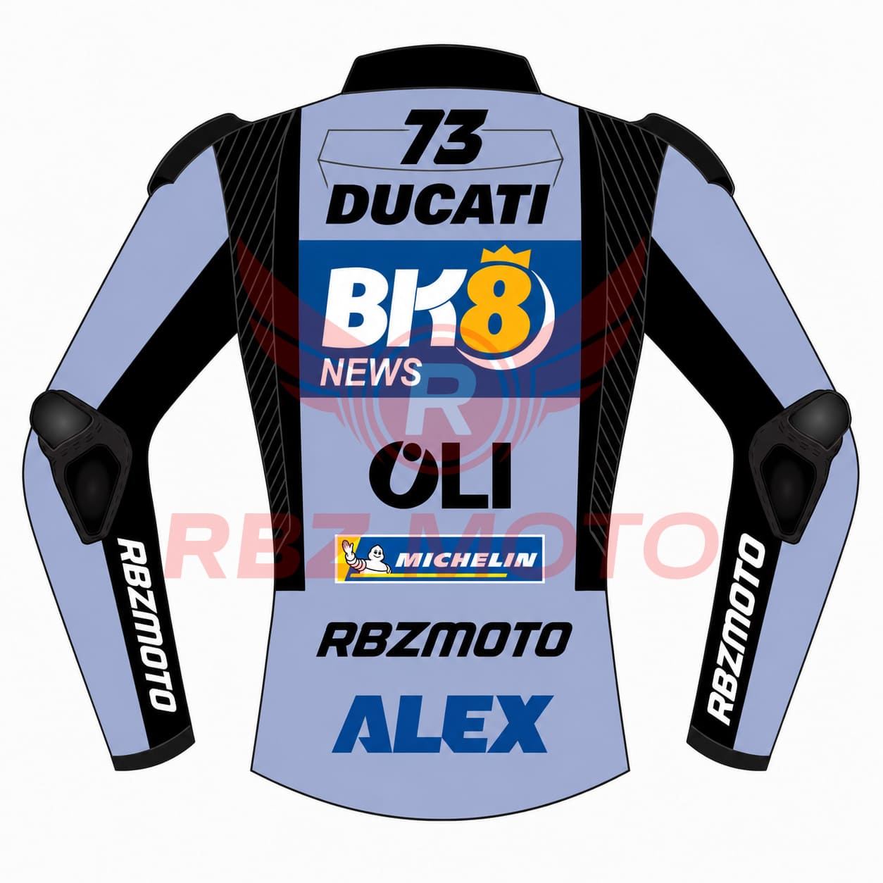 alex-marquez-ducati-racing-jacket-back Back view of Alex Marquez BK8 Ducati racing leather jacket