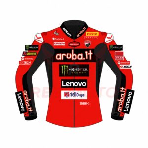 Front view of Alvaro Bautista Ducati SBK 2025 race jacket in premium leather