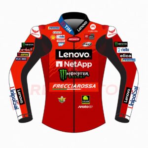 Bagnaia Ducati MotoGP racing jacket front view in black and red leather