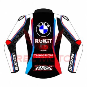 Back view of BMW Motorrad WSBK 2026 motorcycle leather jacket