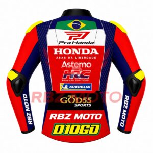 Back view of Diogo Moreira LCR Honda 2026 race jacket showing replica graphics