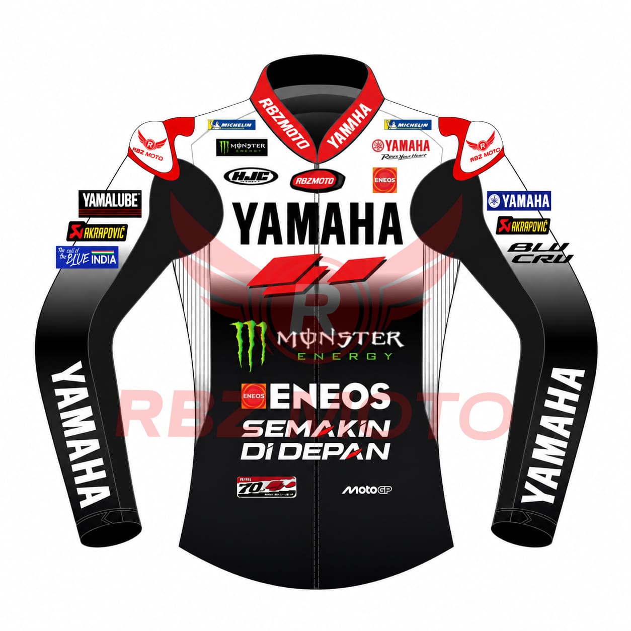 fabio-quartararo-yamaha-70th-anniversary-motogp-2025-front Front view of Fabio Quartararo Yamaha 70th Anniversary MotoGP 2025 Leather Jacket