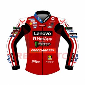 Front view of Francesco Bagnaia Ducati 2026 Race Leather Jacket by RBZ Sports