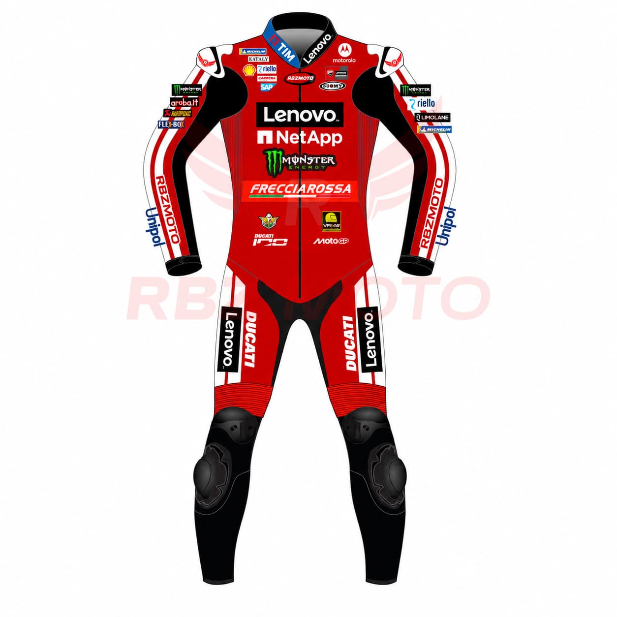 francesco-bagnaia-ducati-leather-suit-front Francesco Bagnaia Ducati MotoGP leather suit front view