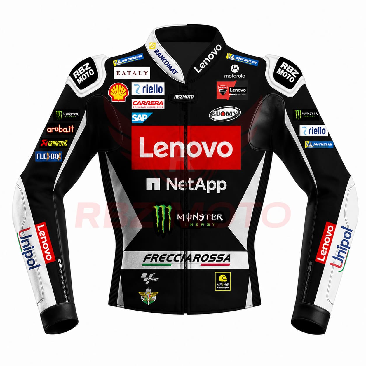 francesco-bagnaia-leather-jacket-front Front view of Francesco Bagnaia Ducati MotoGP leather jacket