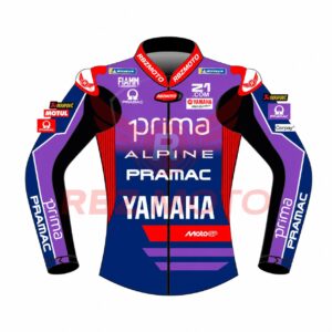 Front view of Jack Miller Pramac Yamaha MotoGP 2026 race leather jacket