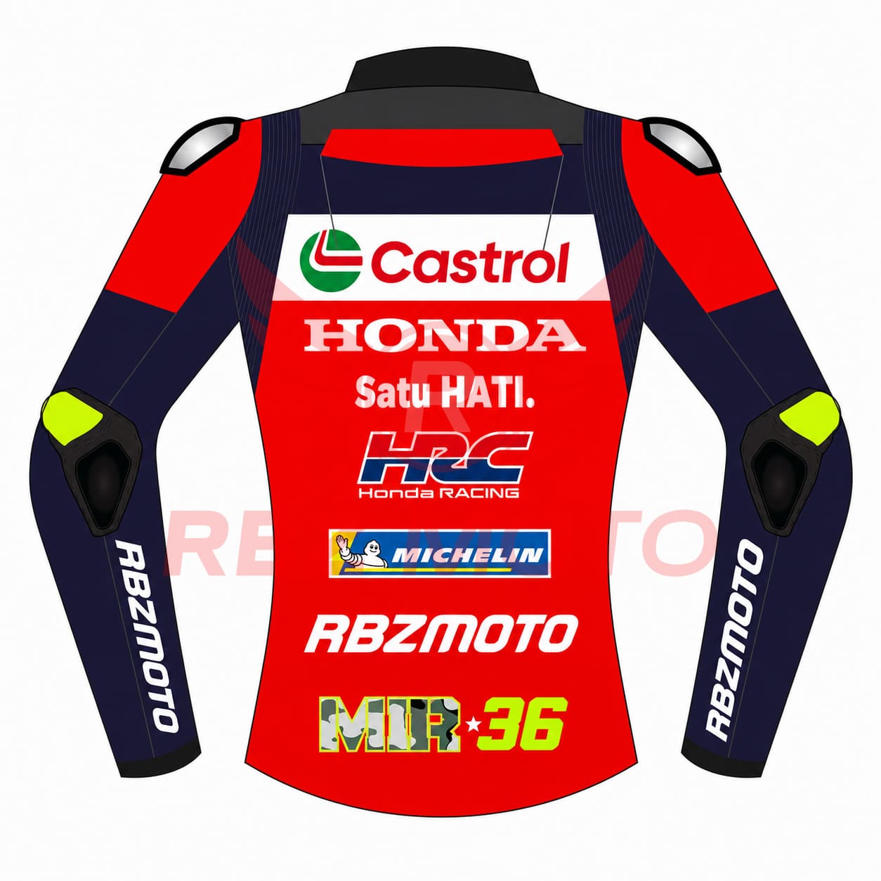 joan-mir-honda-hrc-racing-jacket-back Back view of Joan Mir Honda HRC racing leather jacket