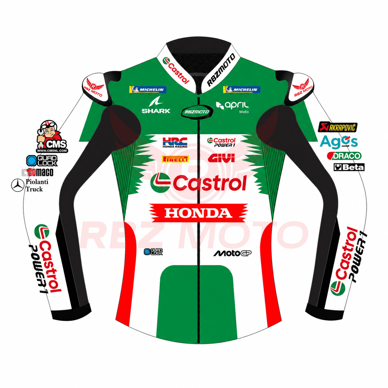 johann-zarco-honda-castrol-jacket-front-view Front view of Johann Zarco Honda Castrol 2025 race jacket in premium leather