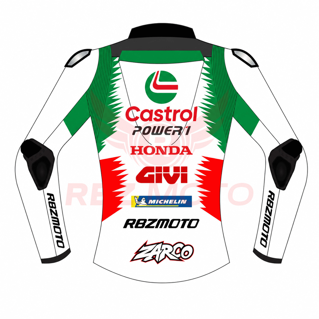 johann-zarco-honda-jacket-back-view Back panel of Johann Zarco Honda Castrol MotoGP replica jacket showing team graphics
