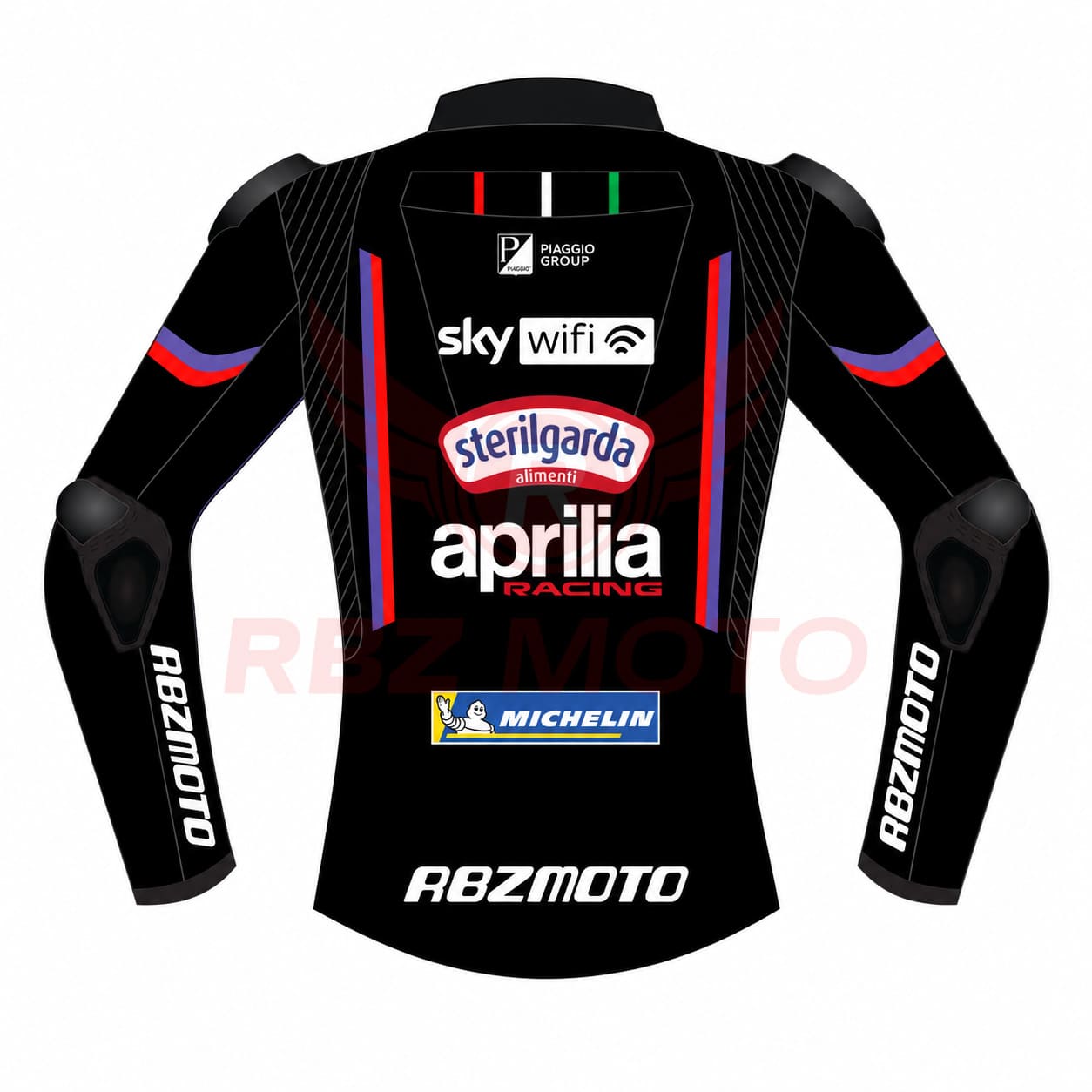 jorge-martin-aprilia-jacket-back-view Back panel of Jorge Martin Aprilia MotoGP replica jacket showing team graphics