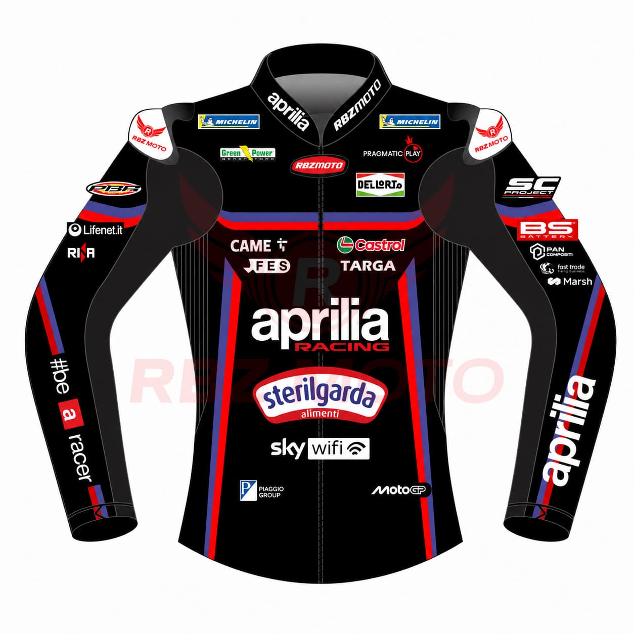 jorge-martin-aprilia-jacket-front-view Front view of Jorge Martin 2025 Aprilia race jacket in premium leather