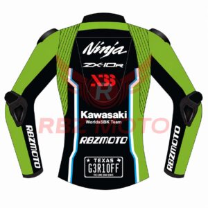 Back view of Kawasaki Racing Leather Jacket with race inspired design