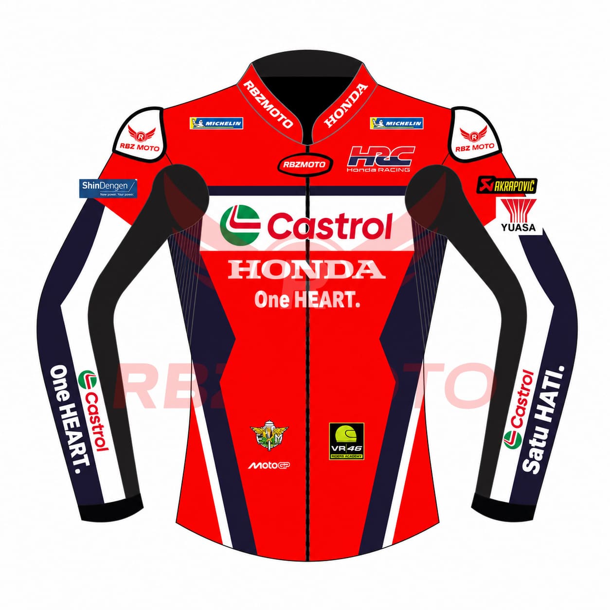 luca-marini-honda-hrc-2025-racing-leather-jacket-front Front view of Luca Marini Honda HRC 2025 Racing Leather Jacket