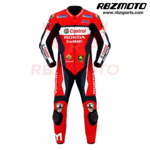 Front view of Luca Marini Honda HRC MotoGP racing suit