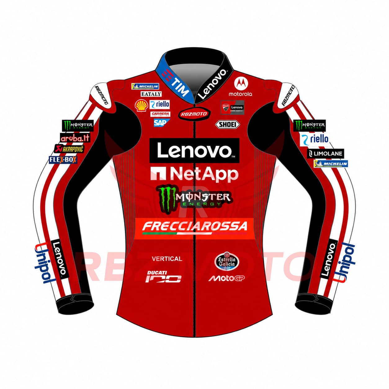 marc-marquez-ducati-2026-race-leather-jacket-front Front view of Marc Marquez Ducati 2026 race leather jacket