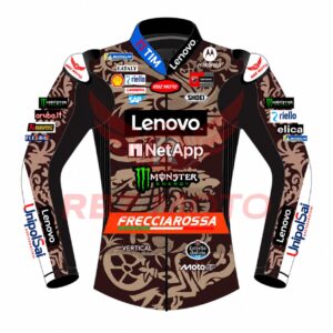 Front view of Marc Marquez Ducati Lenovo MotoGP Italy 2025 leather race jacket