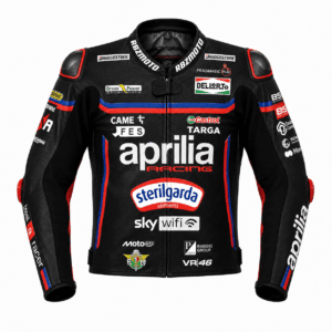 view of Marco Bezzecchi 2025 Aprilia race jacket in premium leather