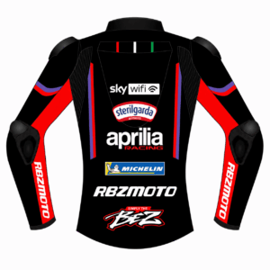 Back panel of Marco Bezzecchi Aprilia MotoGP replica jacket showing team graphics