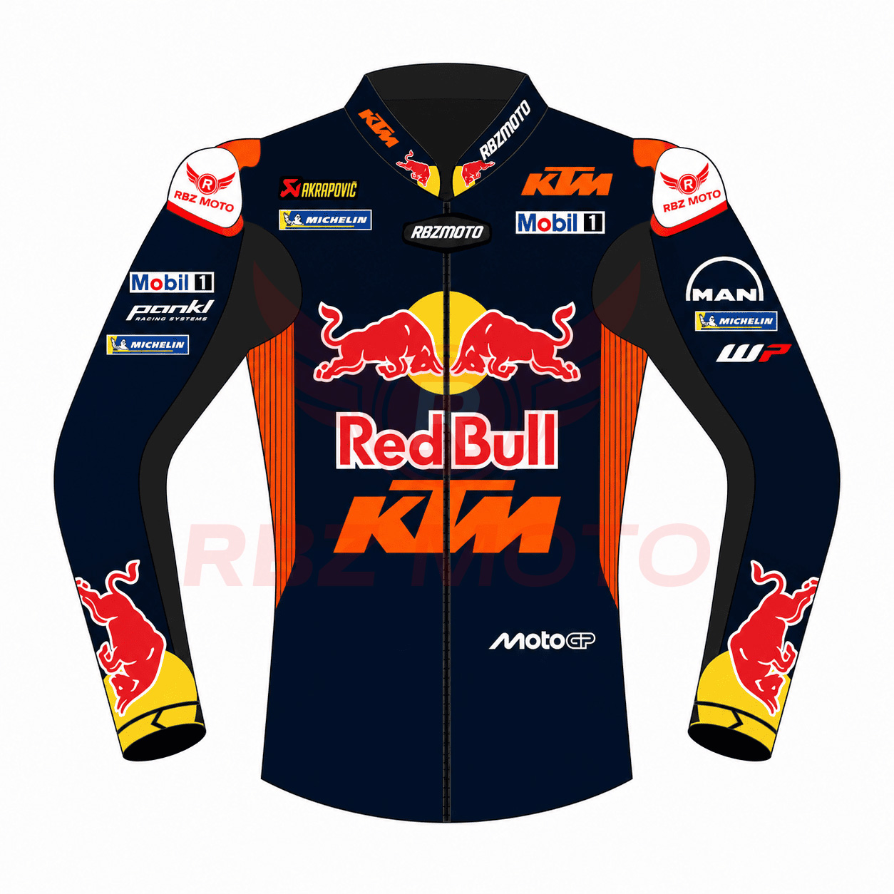 pedro-acosta-redbull-ktm-jacket-front-view Front view of Pedro Acosta Redbull KTM 2025 race jacket in premium leather