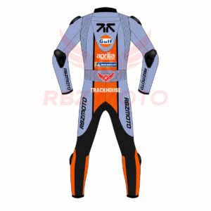 Back view of Trackhouse Aprilia MotoGP racing suit